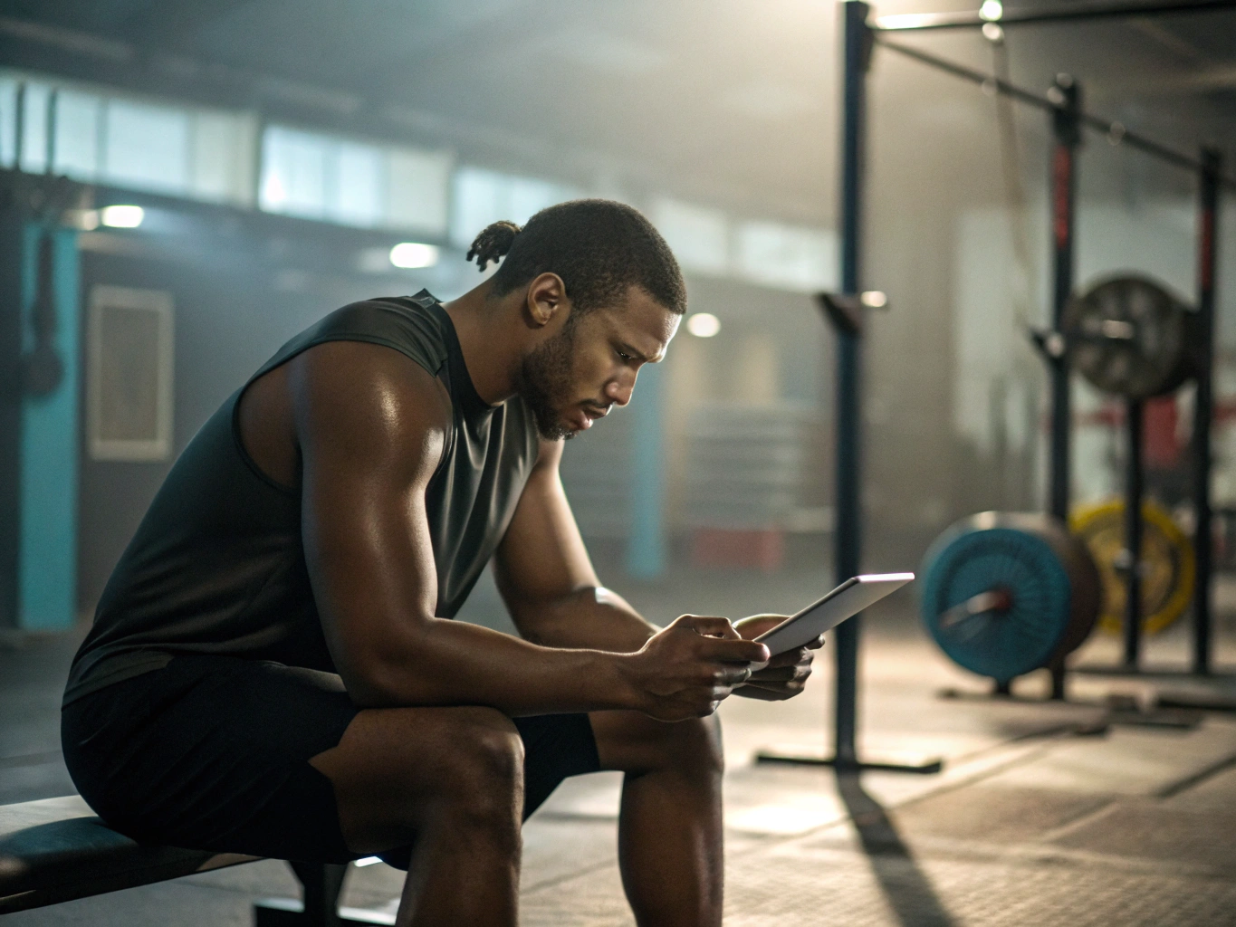 Athlete sitting trackside reviewing custom workout video progressions and mobility routines on a smartphone
