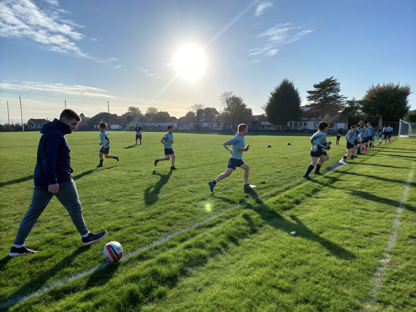 High school sports team participating in an on-field dynamic movement screening at practice